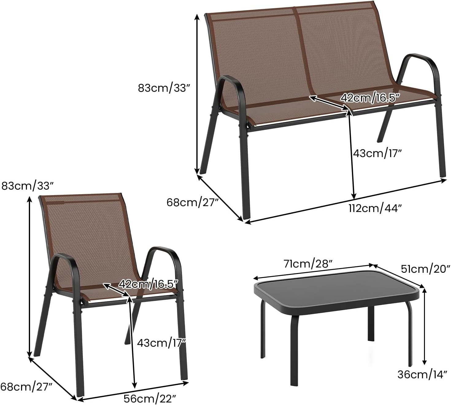 Salon de Jardin 4 Personnes Exterieur, 4 Pcs Canapé Exterieur avec Table Basse en Verre Trempée, 2 Fauteuils, pour Terrasse,Balcon (Brun) - 2