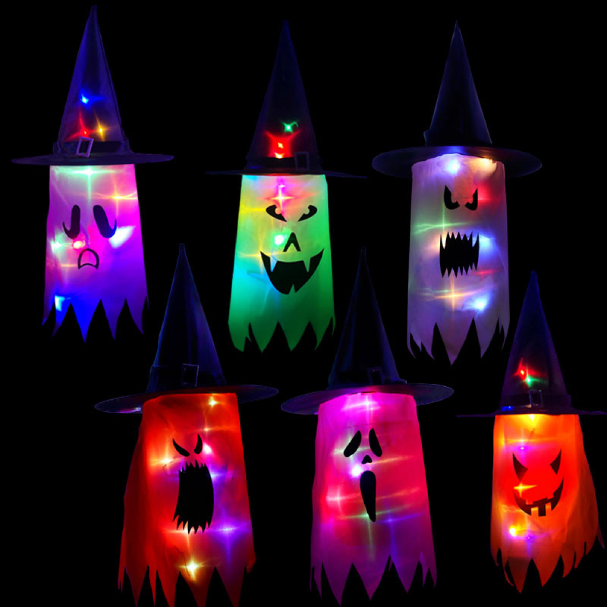 Podświetlane kapelusze czarownic-duchów na Halloween, 6 sztuk, zasilane bateriami, wisząca girlanda LED do użytku na zewnątrz, dekoracja