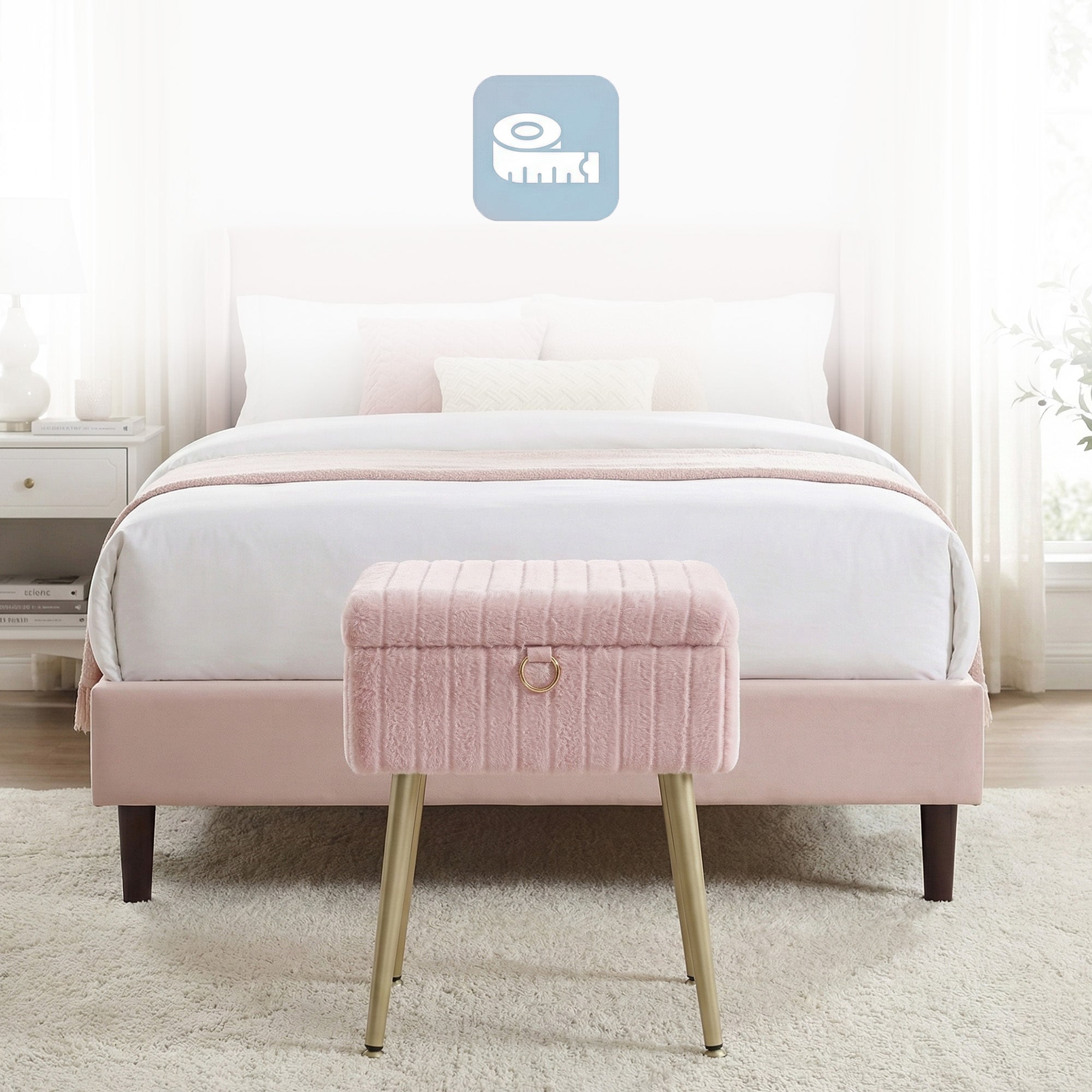 Tabouret de Coiffeuse, Rembourré avec Rangement, Tabouret Réglable en Métal, pour Chambre ou Salon, Rose - 3