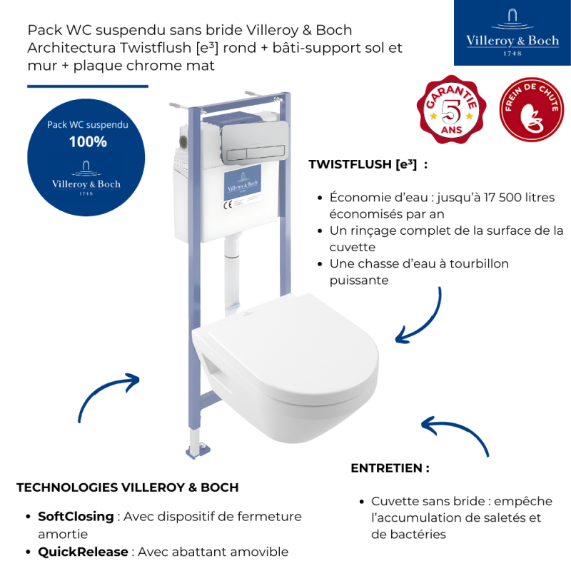 Pack WC suspendu sans bride Villeroy & Boch Architectura Twistflush [e³] rond + bâti-support sol et mur + plaque chrome mat - 3