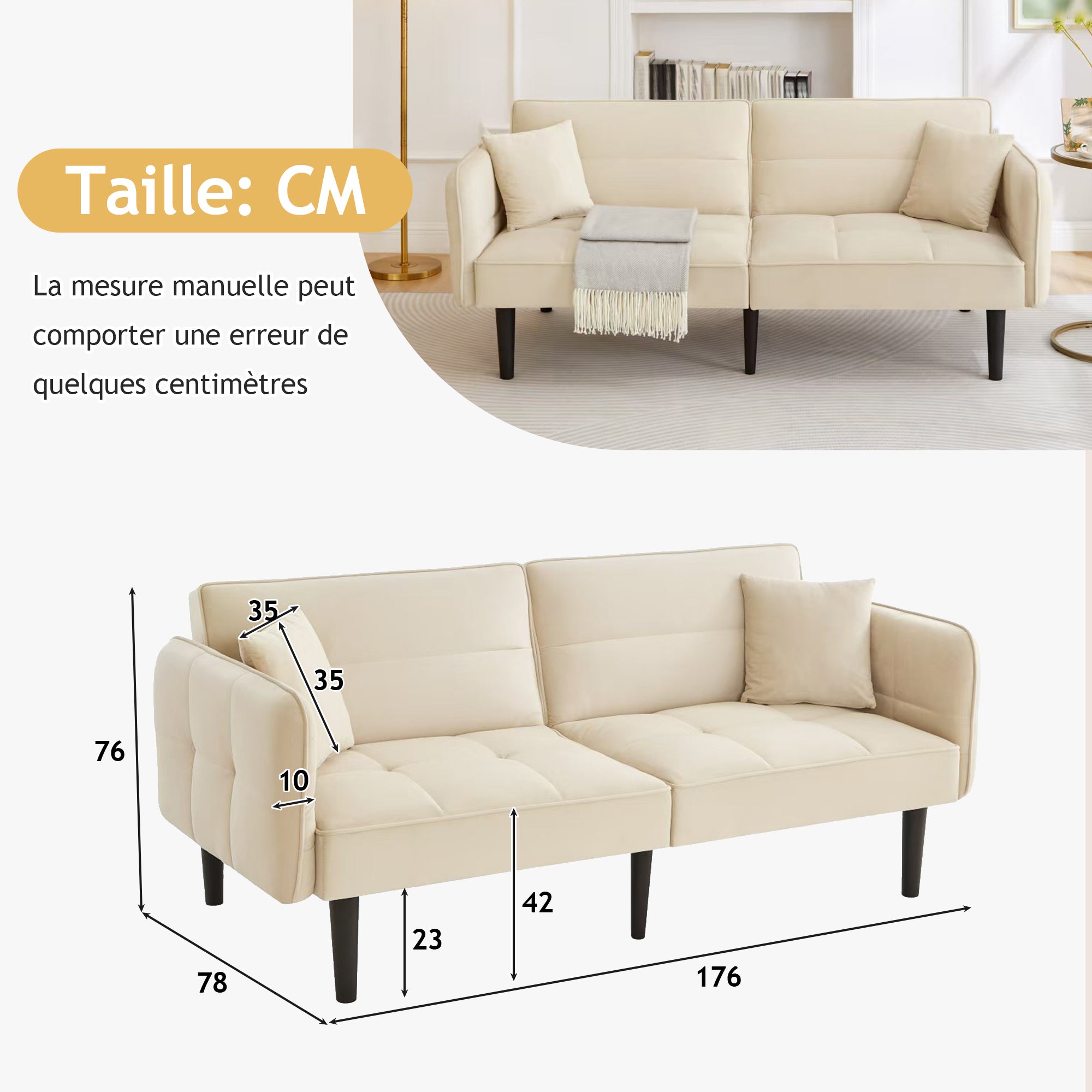 Divano 2 Posti Clic-Clac 176x78x76 cm, Braccioli, Piedi Legno, Schiuma e Velluto, Beige - 4