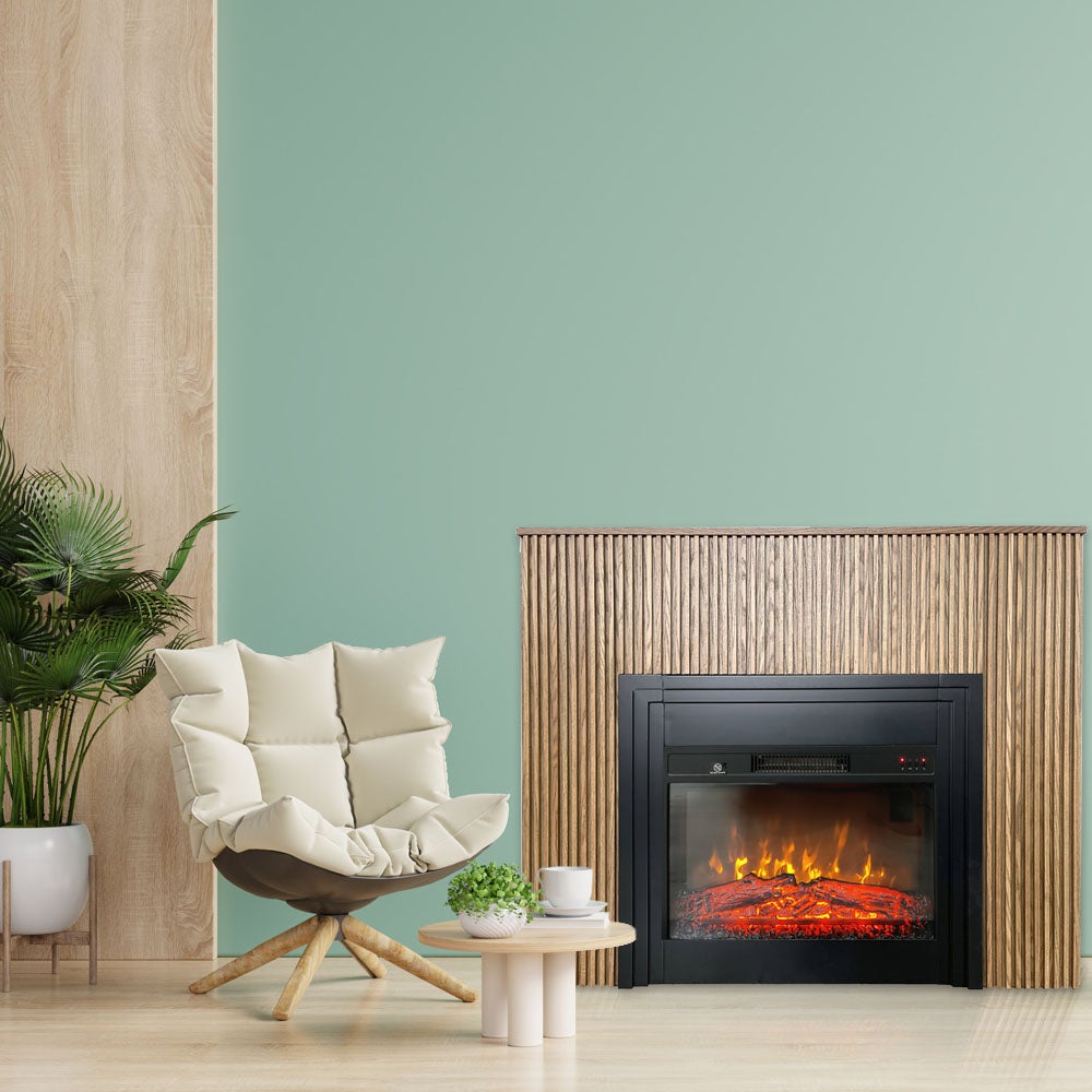 Chimenea eléctrica con mdf alistonado lamelia roble claro electricsun, con sonido, 3 colores, con aplicación, l120xh102cm