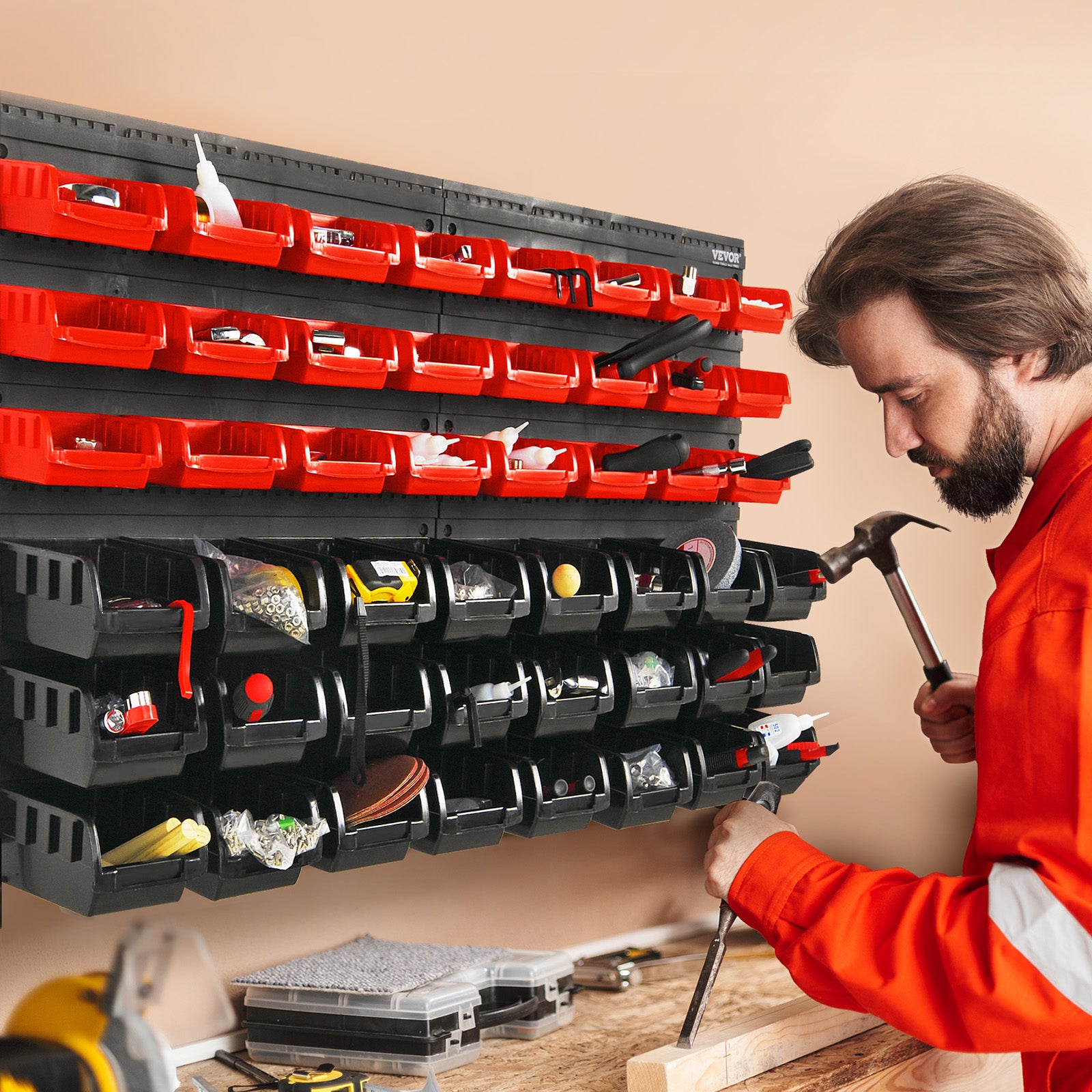 Étagère Bac à Bec Plastique VEVOR,48 Boites Rangement Empilables Atelier Garage avec Panneaux Muraux,Organisateur Outil pour Écrous,Boulons,Noir/Rouge - 8