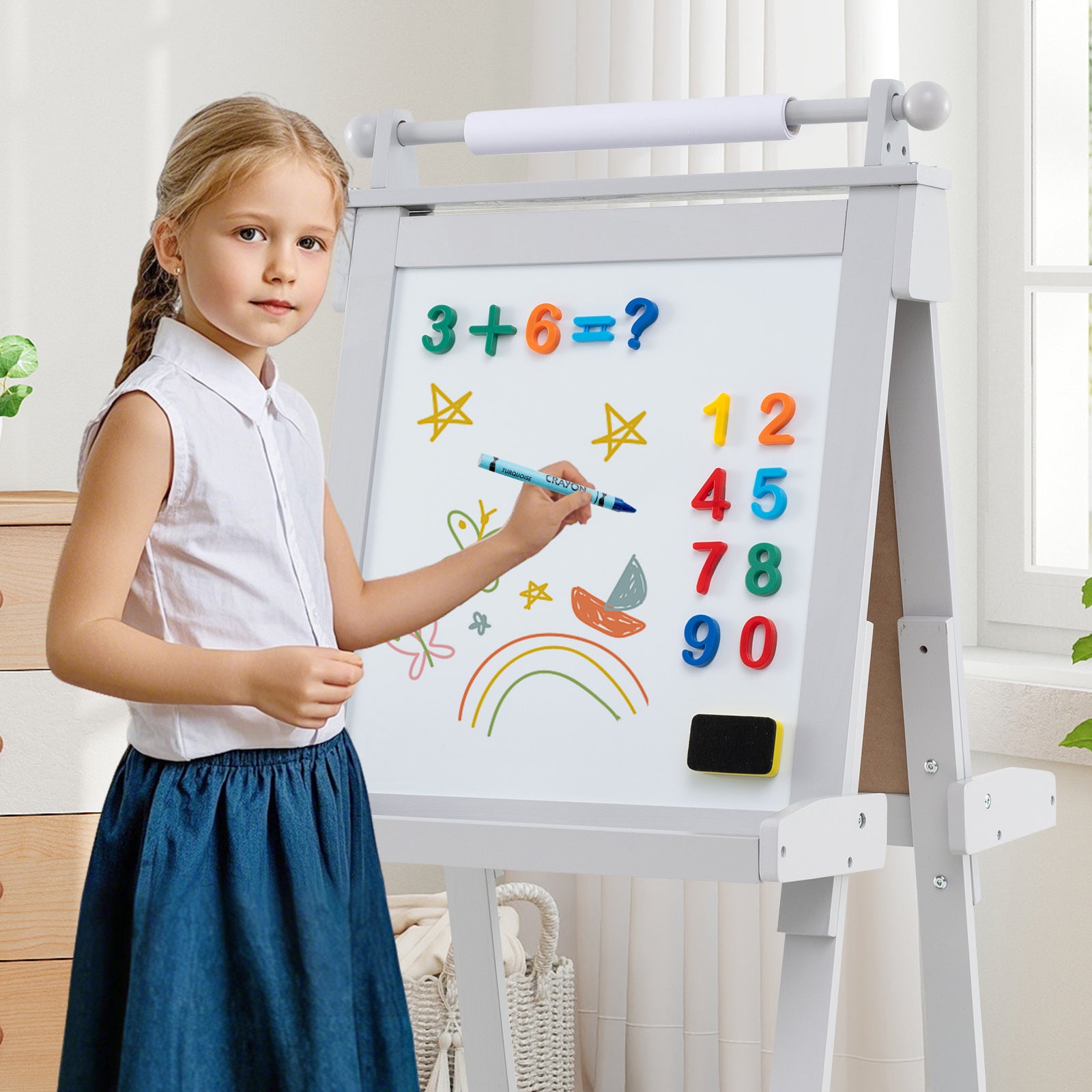 Chevalet Pliable pour Enfants, Double Face avec Tableau Noir et Tableau Blanc Magnétique, Rouleau de Papier Remplaçable, 3 Gobelets, Gris - 9
