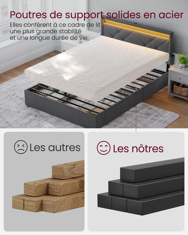 Lit Double, 140 x 190 cm, avec LED, en Métal, 4 Tiroirs, Multiprise, Tête de Lit Rembourrée Ajustable, pas Besoin de Sommier, Gris Ardoise et Noir Mat - 6