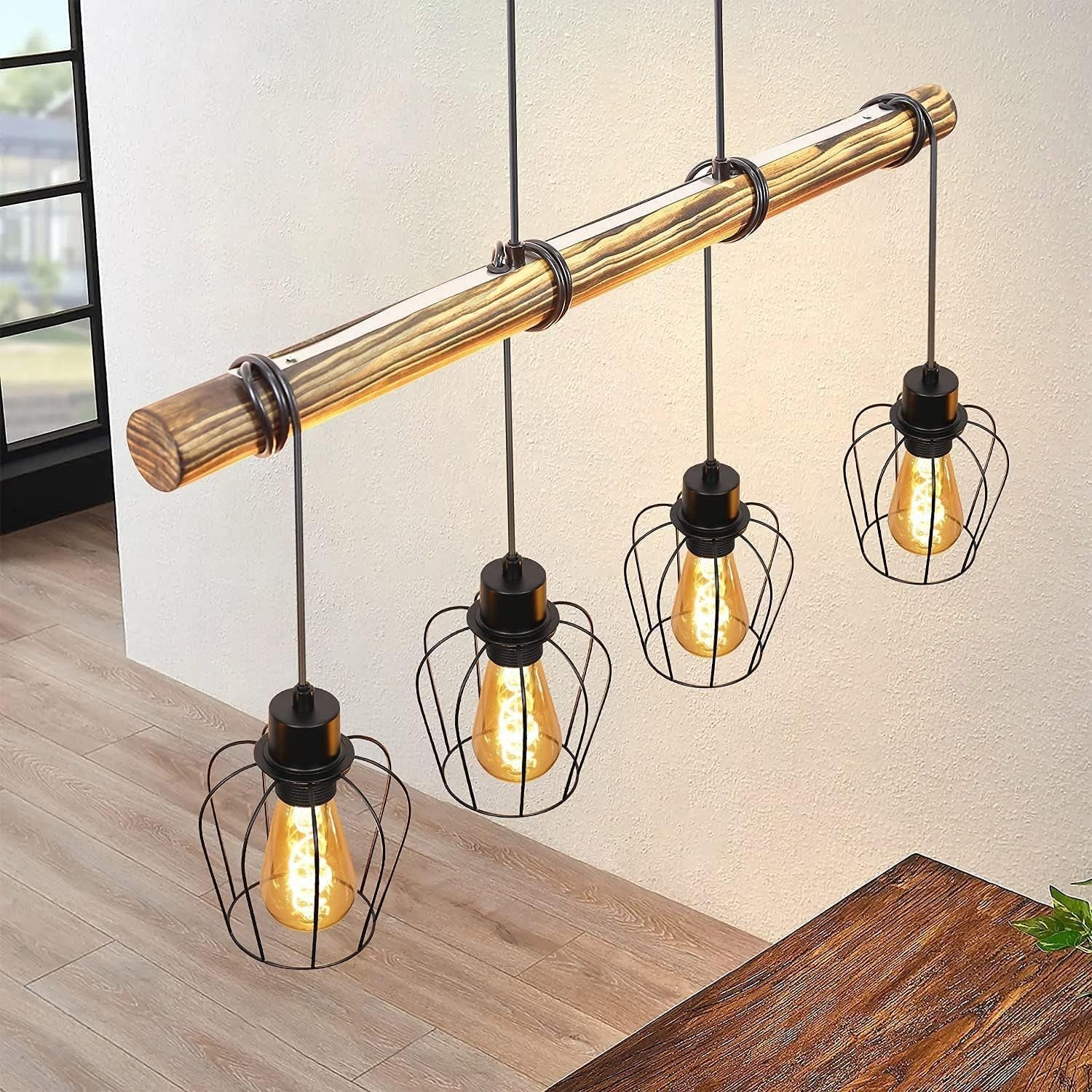 NETTLIFE Suspension rétro lampe à suspension vintage en bois industriel noir E27 - 2