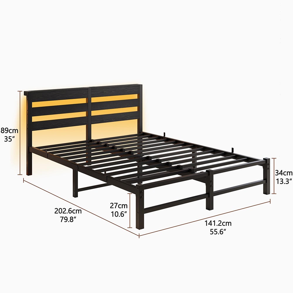 Łóżko dla dorosłych z oświetleniem LED i stacją ładującą USB, metalowa konstrukcja, materac nie wchodzi w skład zestawu, kolor czarny – 140 x 190 cm - 4
