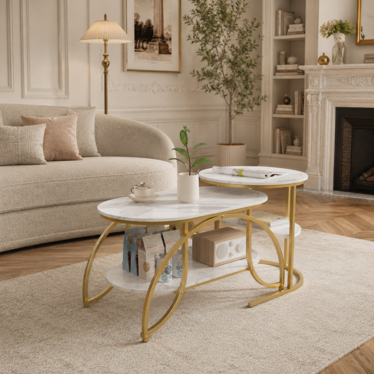 Meuble Table Basse,Table d'appoint, table de canapé 80 x 46 x 51,Table Marbre, Bout de Canapé, Blanc + doré, pour salon, chambre à coucher - 4