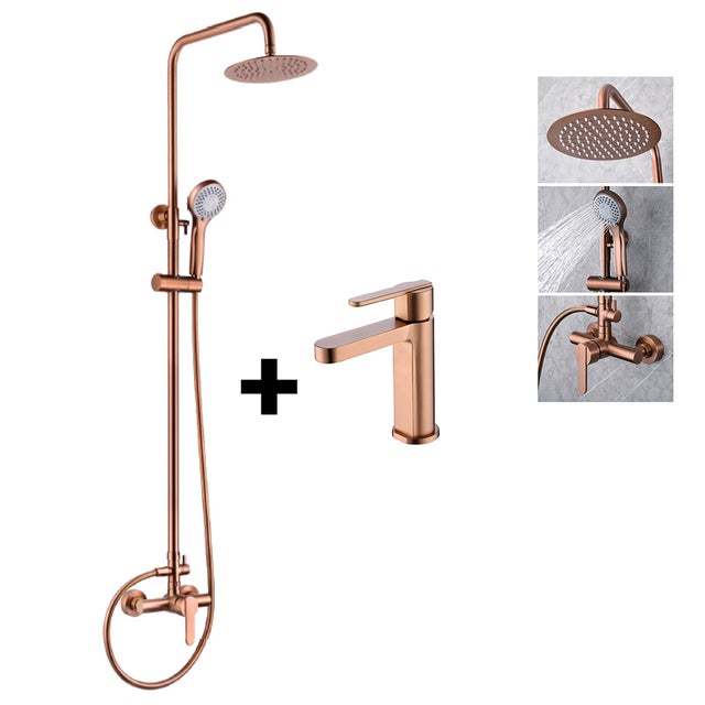 PACK Columna de ducha y Grifo Lavabo Caño Bajo Monomando | Rociador Redondo acero inox. S.304 Ø20 cm | Antical Acabado Oro Rosa Cepillado