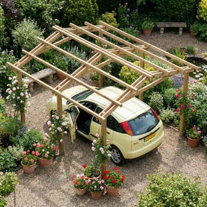 Carport Pergola En Bois De Pin - 400x400 Cm - Pour 1 Voiture - Couleur Vert Clair - Neuf