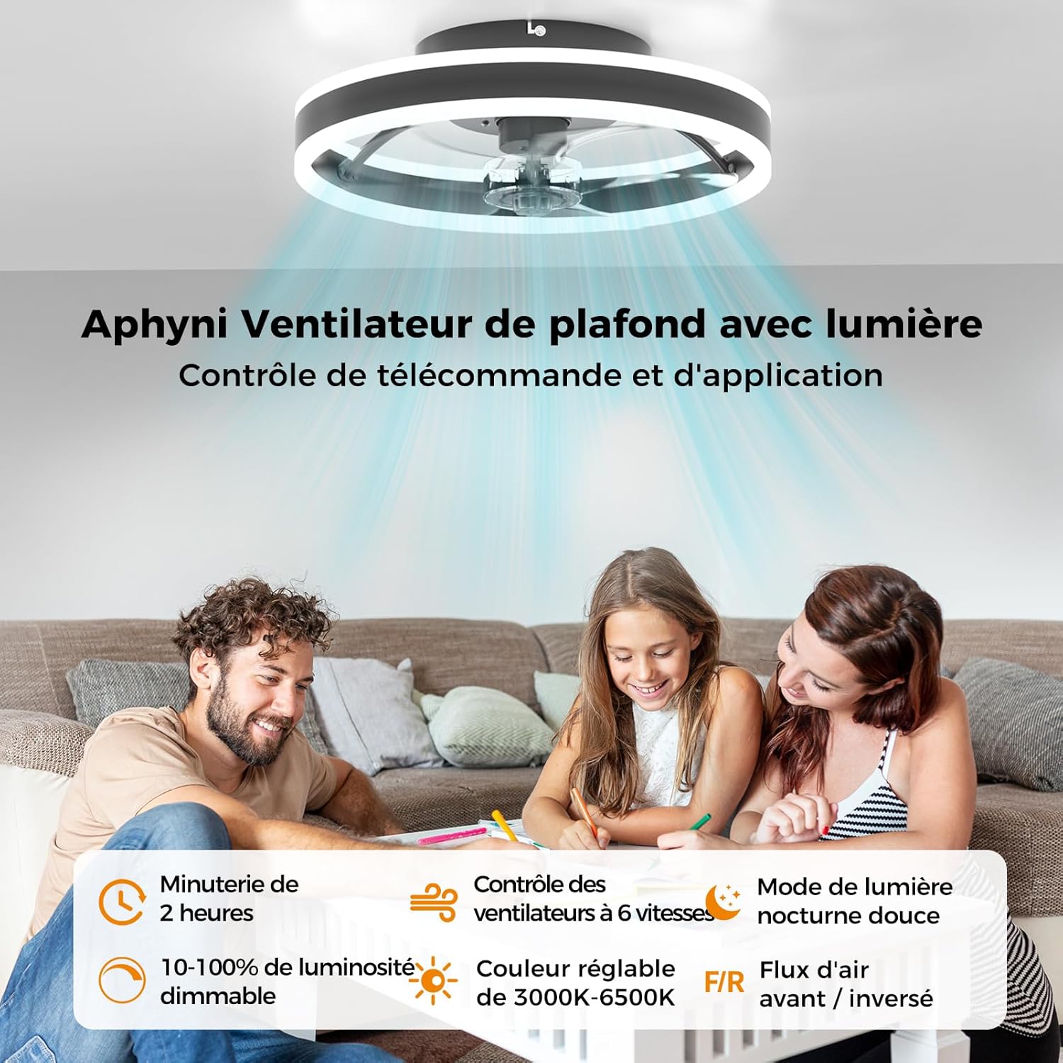 Ventilador de teto com luminária 40cm, controle remoto e controle por APP, 3 temperaturas de cor, 6 velocidades e vento reversível, silencioso, in - 4