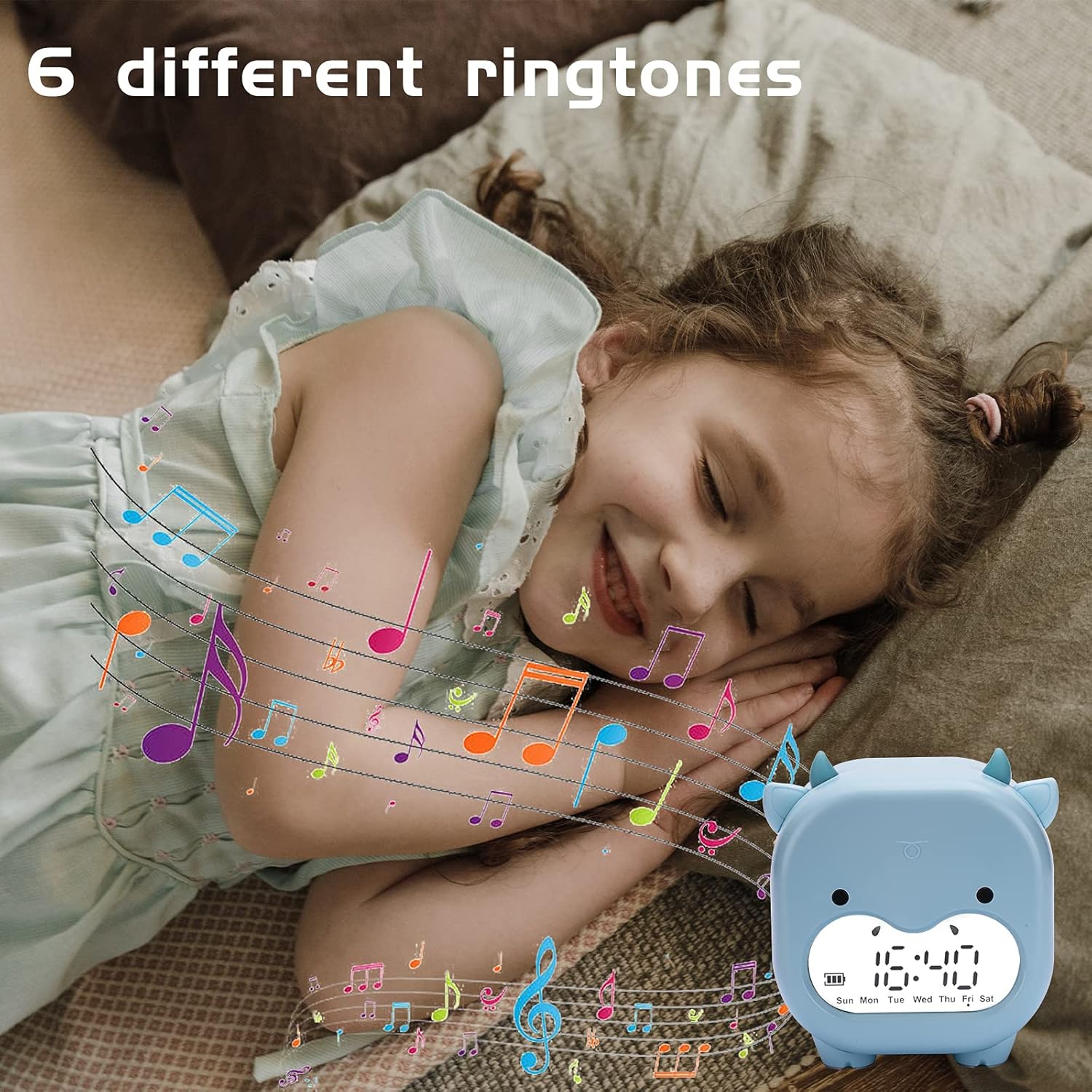 Réveil enfant avec fonction date et température, veilleuse et fonction sno-wake, motif vache mignonne, port USB, cadeau idéal pour les et le - 5