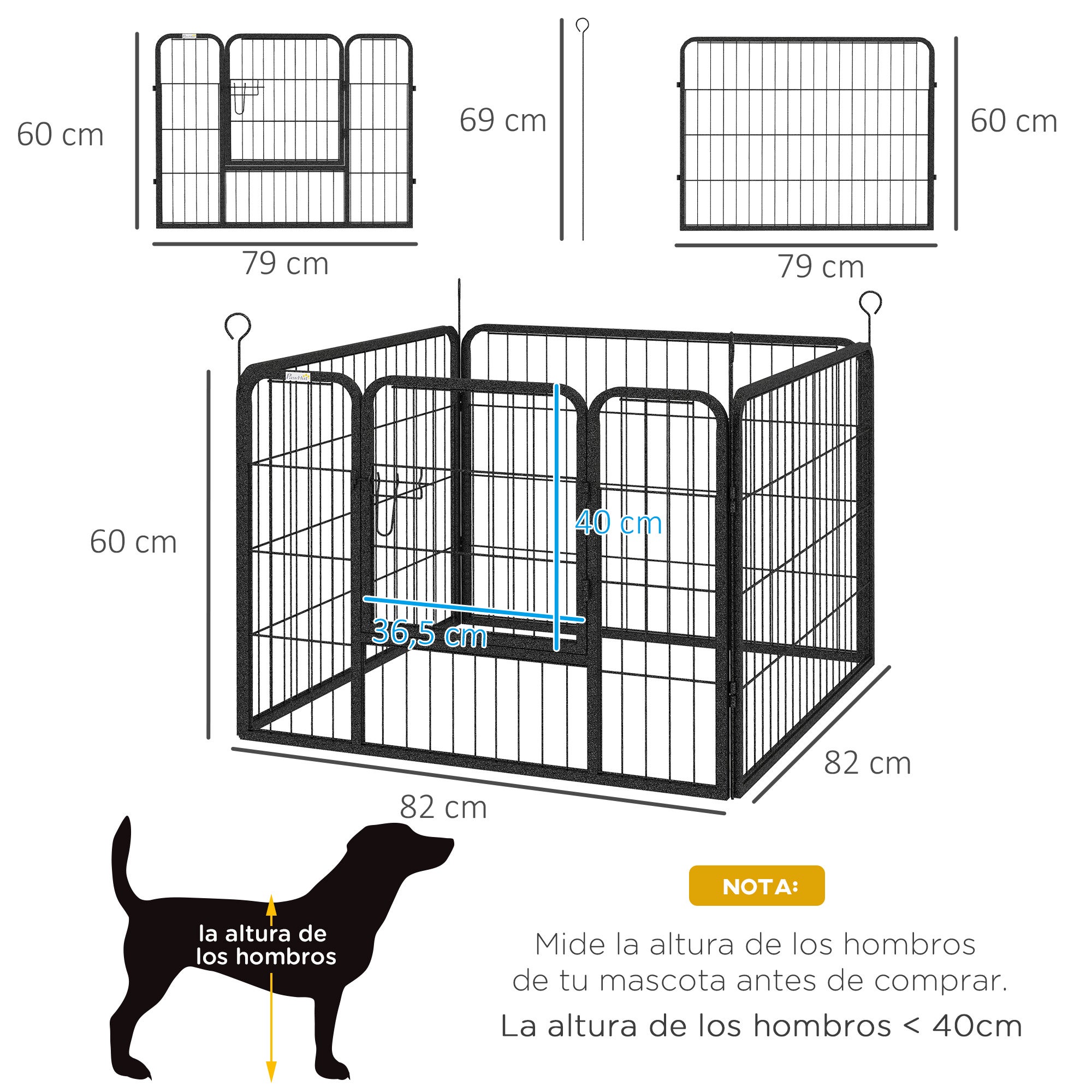 Parque para Cães PawHut Cinza Escuro/Cinza de carvão Metal 82x82x60cm - 3