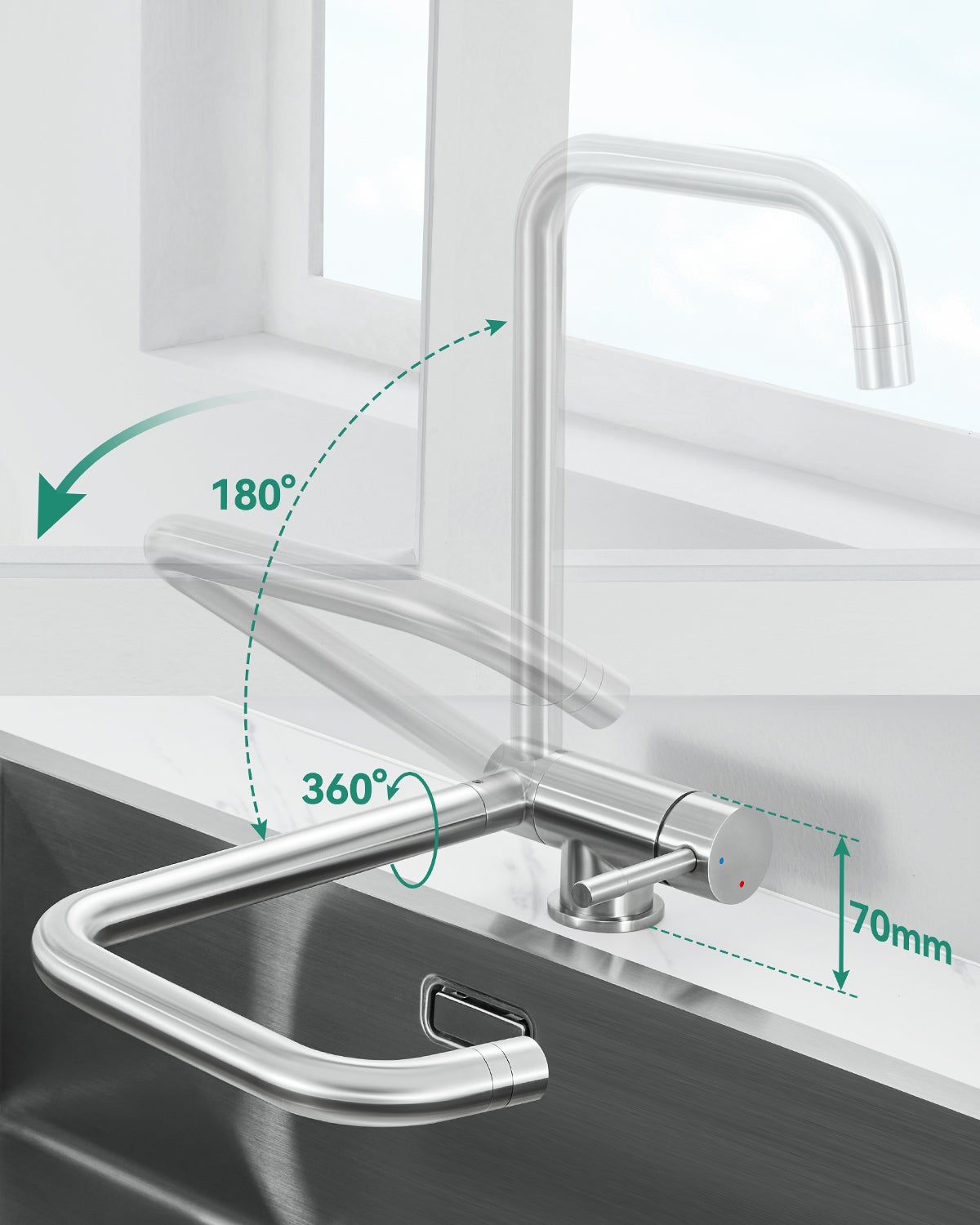 ANYCEE MAX Robinet Cuisine Rabattable avec 2 Jets, Mitigeur Evier Repliable sous Fenêtre Pivotant à 360, Robinetterie Pliable devant Fenêtre Brossé - 2