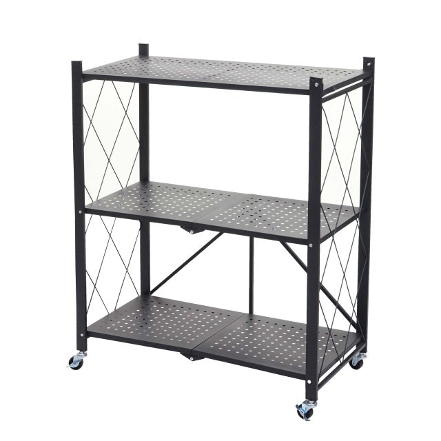Scaffale libreria HWC-J85 pieghevole con ruote acciaio verniciato 3 ripiani nero