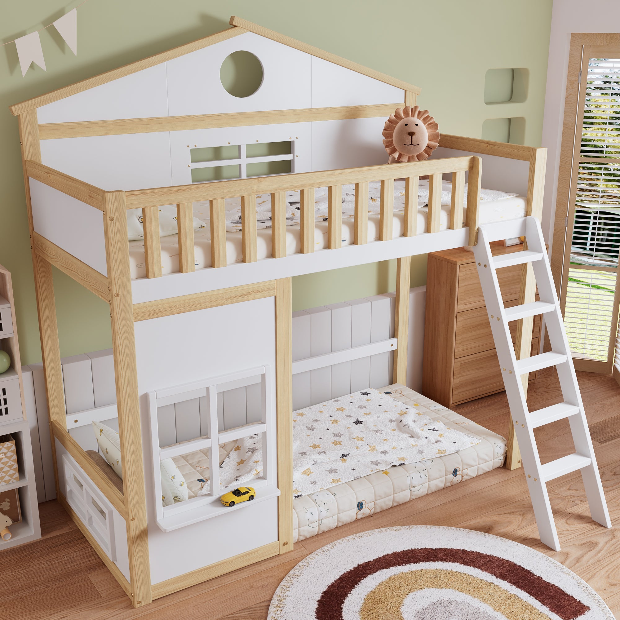 Lit mezzanine 90x200cm avec échelle, lit superposé bois avec 3 fenêtres et barrière de sécurité, cadre de pin, sommier à lattes, blanc (sans matelas) - 2