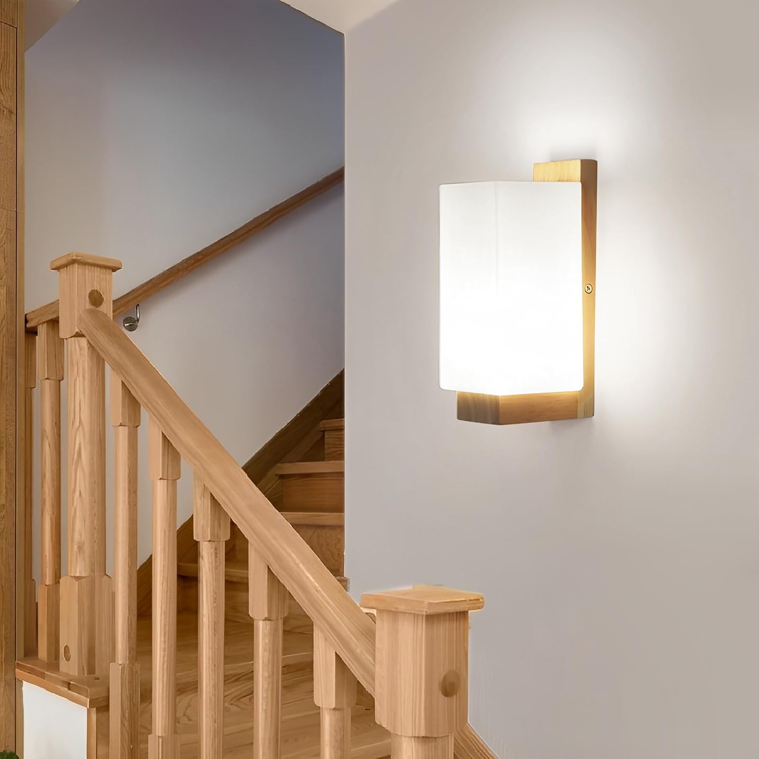 COMELY Appliques Murales en Bois Carrées E27, Lampe Murale avec Abat-Jour en Verre Blanc, Luminaire Intérieur pour Chambre Salon Salle de Bain Couloir - 5