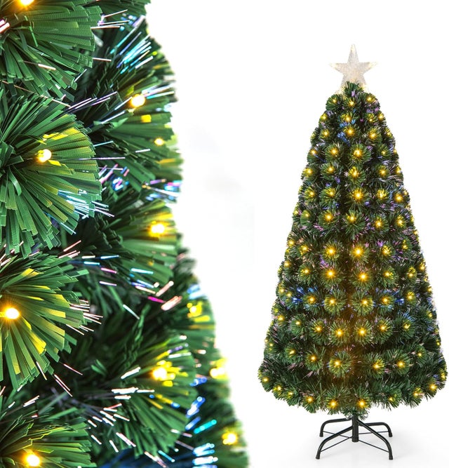 150cm Arbol de Navidad con Luces Incorporadas, Arbol de Navidad con Luces de Fibra Óptica, Estrella, 170 Luces LED Amarillas Cálidas, 8 Modos,