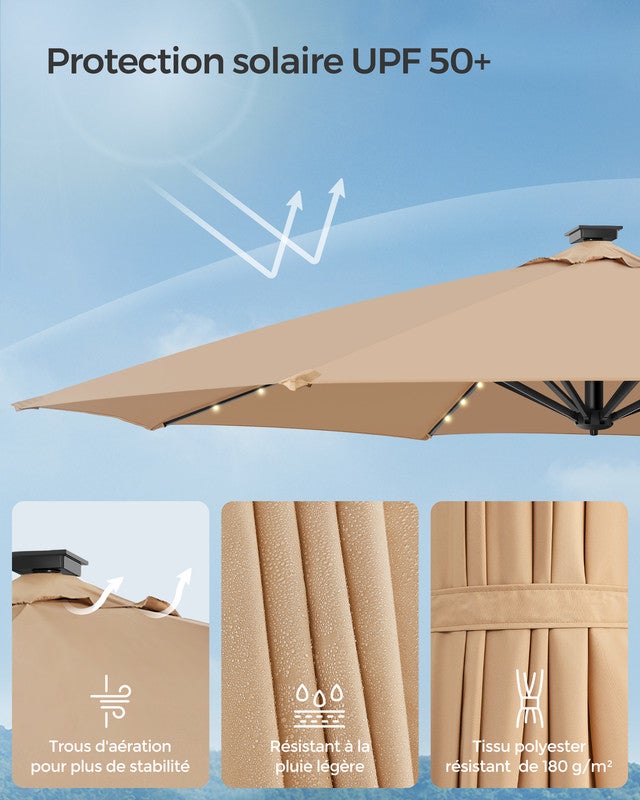 Parasol de Jardin 300 cm, 28 LED Solaires, UPF 50+, Pivotant à 360°, Inclinaison Fluide, Manivelle, avec Base en Croix, Marron Chameau - 4
