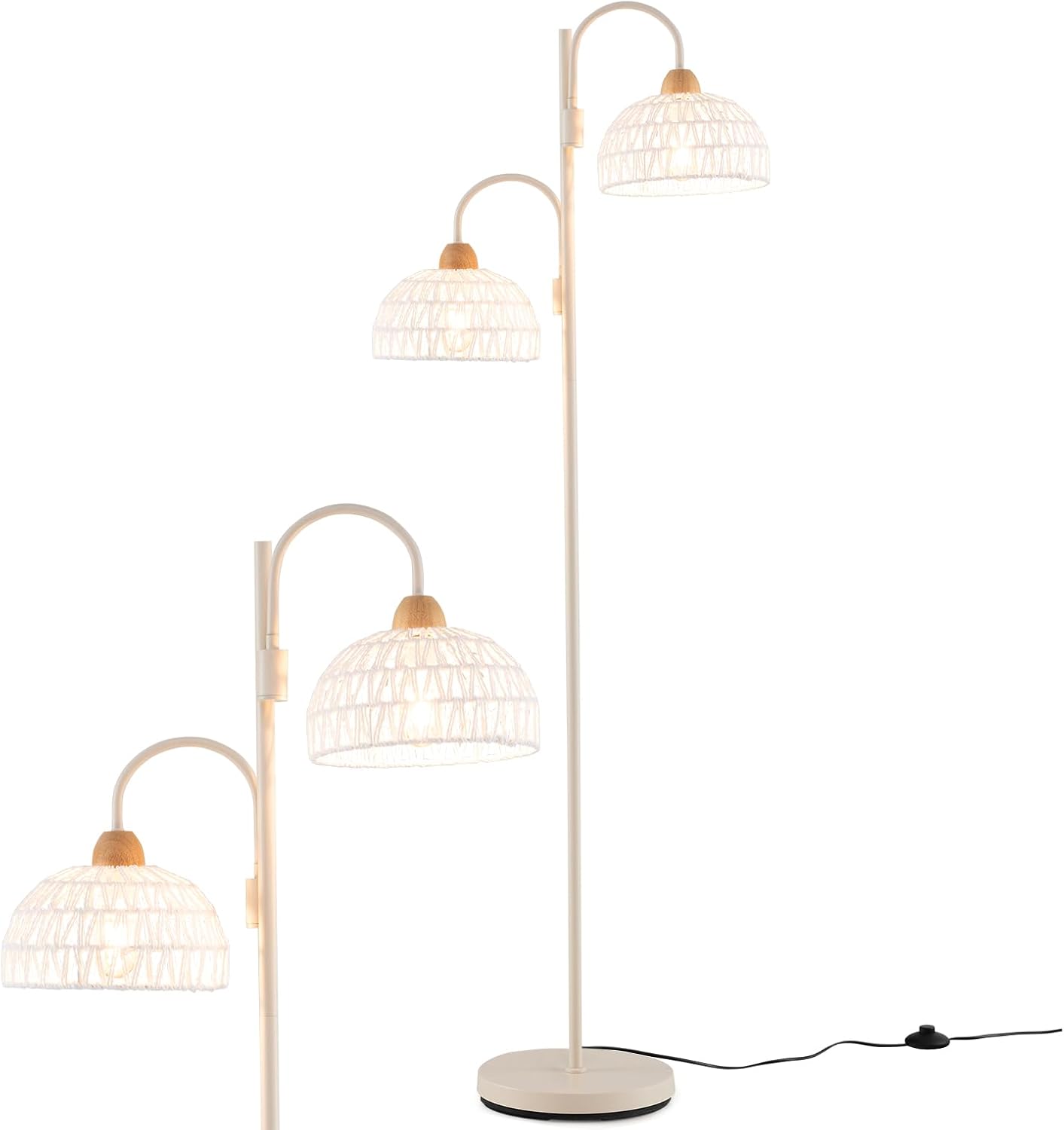 Lampa Stojąca do Salonu 155 cm, 2 Abażury Utkane z Lnu, Metalowa Lampa Stojąca Obracana o 350° z Włącznikiem u Podstawy, Biała