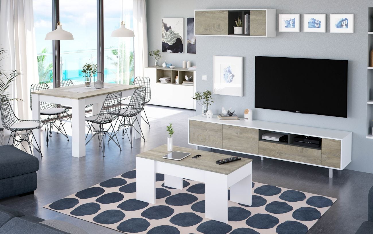 Buffet LOIRA - Mélaminé blanc artik et chene - 3 portes + 3 niches de rangement - L 150 x P 41 x H 76 cm - 3