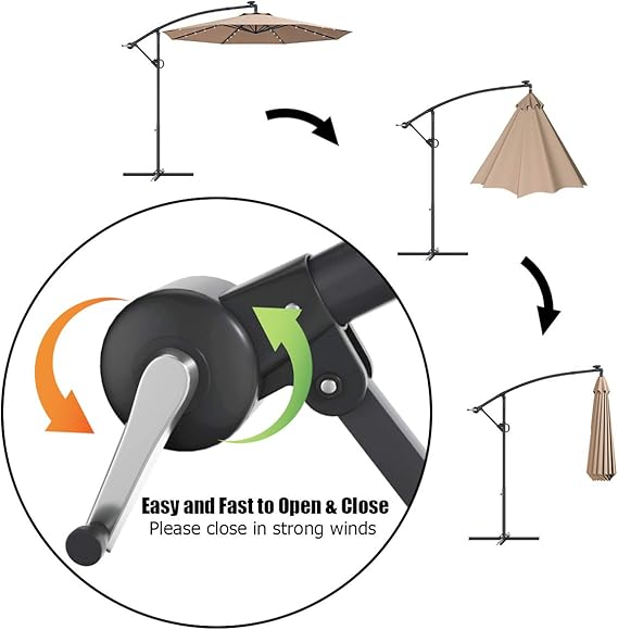 Parasol de Jardin D.300CM Rotatif à 360°-Parasol Inclinable avec 8 Baleines et 32 LED Solaires,pour Jardin/Terrasse,Beige - 5