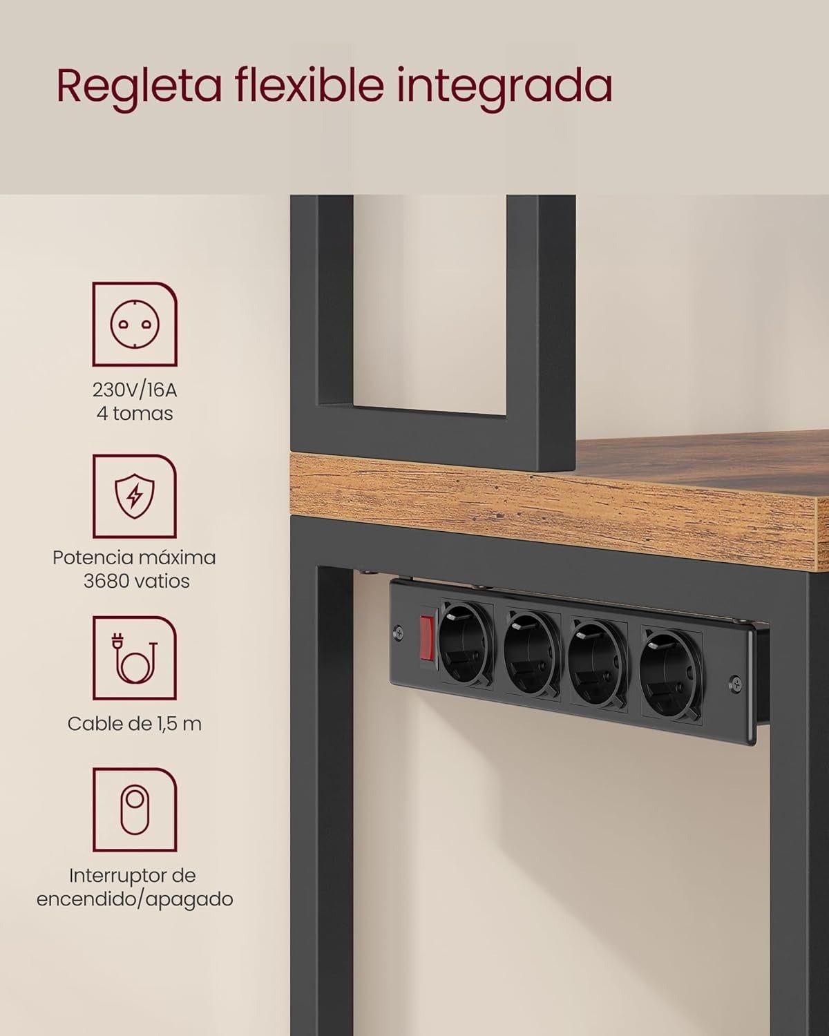 Mueble auxiliar de cocina con enchufes, estantería para microondas con ganchos, estilo industrial - 5