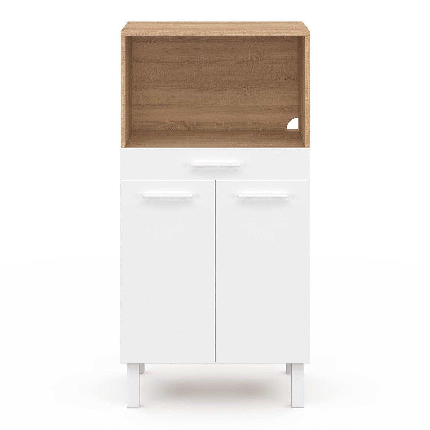 Buffet mi-haut de cuisine pour micro-onde 60 cm CINA 1 tiroir 2 portes façon hêtre et blanc - 3