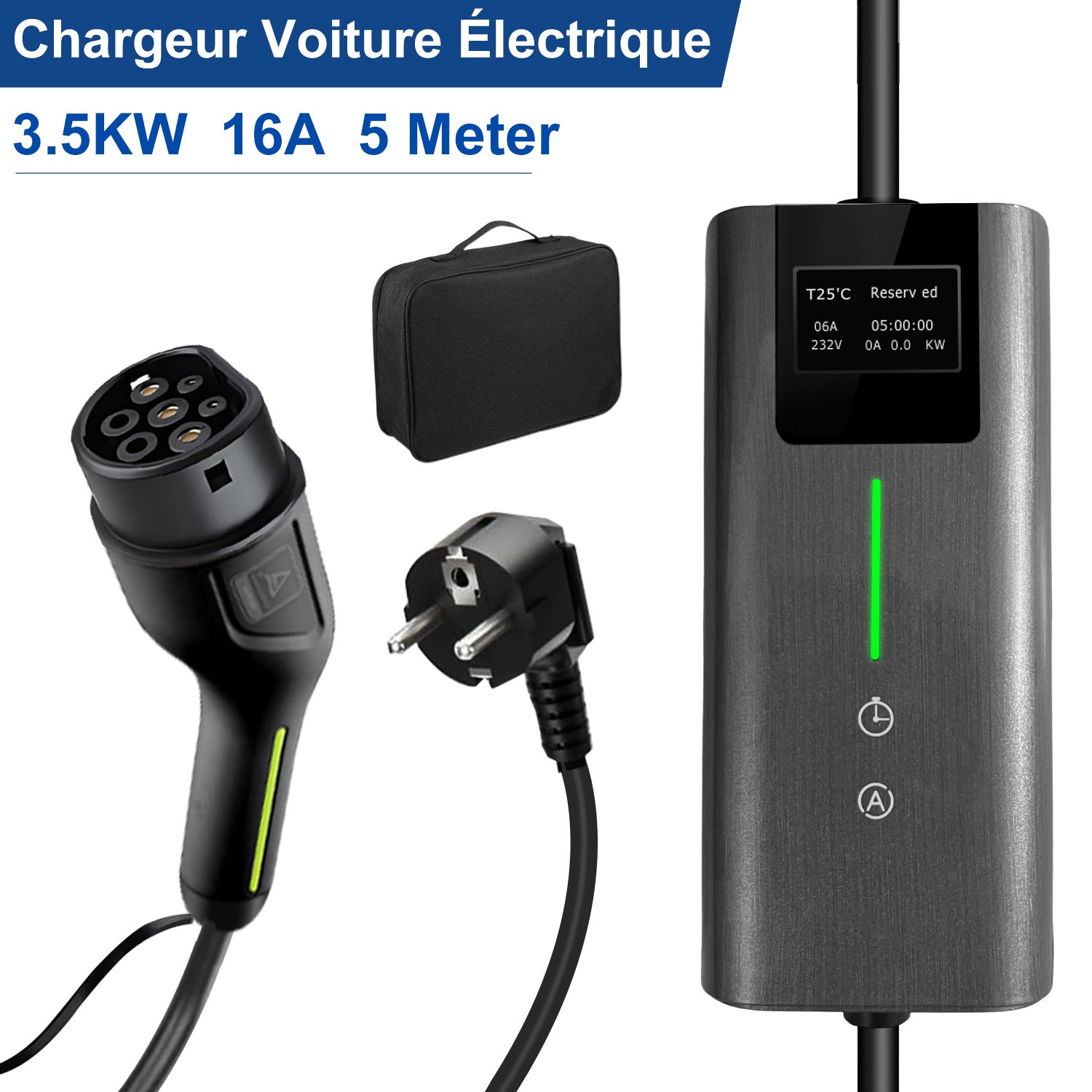 Auveach Borne de Recharge Voiture Électrique Type 2 Schuko 3.68kW | 6-16A | Câble 5m Recharge Monophasée avec Écran LCD - Compatible Model Y EV/PHEV IP65, IEC 62196-2