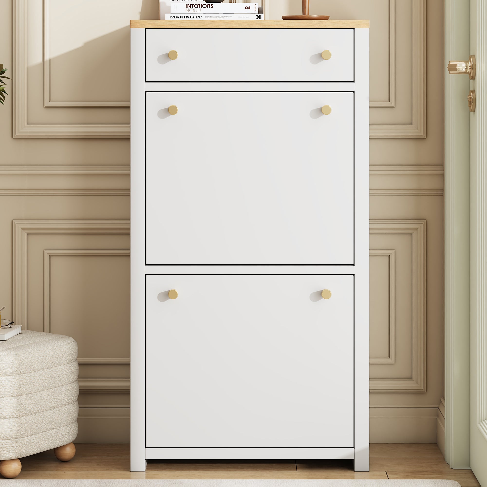 Szafka na buty z 2 drzwiami opuszczanymi, szufladą i regulowanymi półkami – MDF – 50 x 25 x 95 cm – imitacja białego drewna - 3