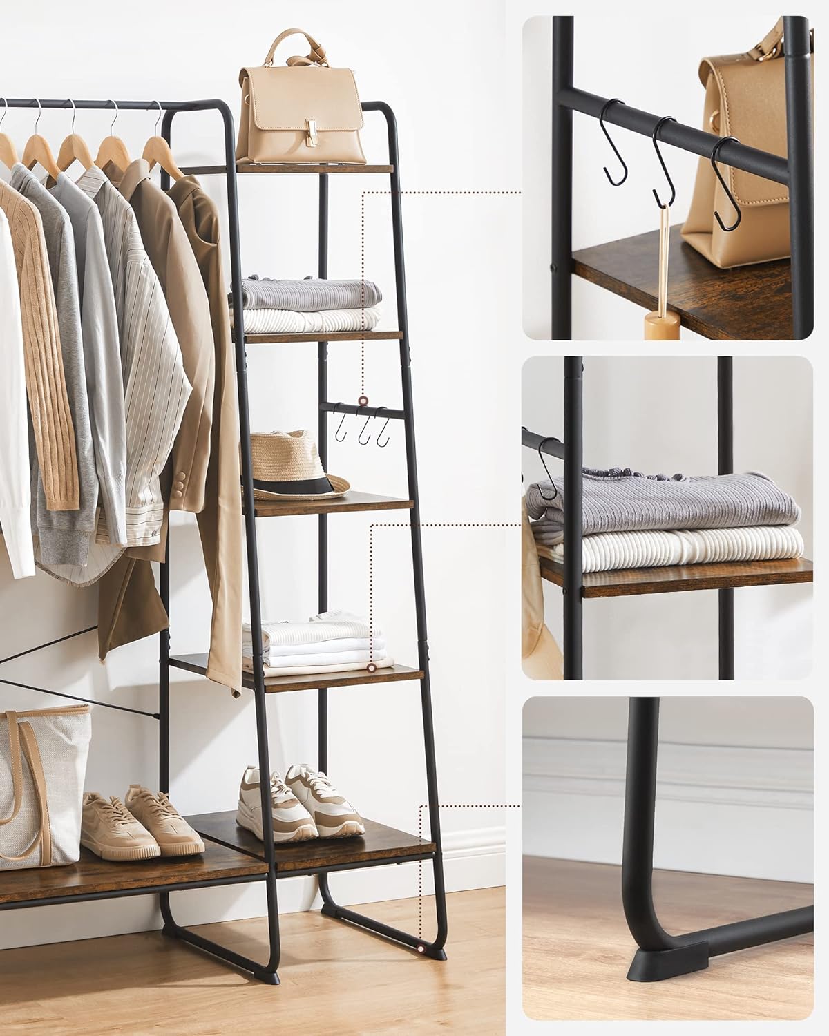 Porte-manteau sur Pieds, Meuble Chaussure Entrée, Vestiaire, avec 5 Étagèress de Rangement, 6 Crochets, pour Chambre, Salon, Marron Rustique et Noir - 4