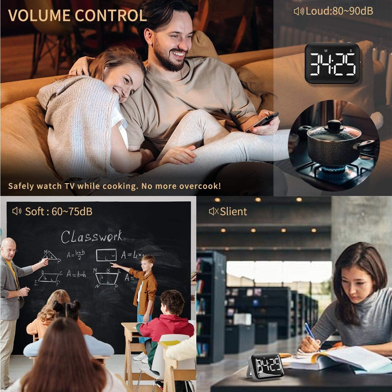 Timer da cucina digitale con ampio display LED, timer magnetico con luminosità e suono regolabili, cronometro per bambini e anziani - Batterie inclu - 4