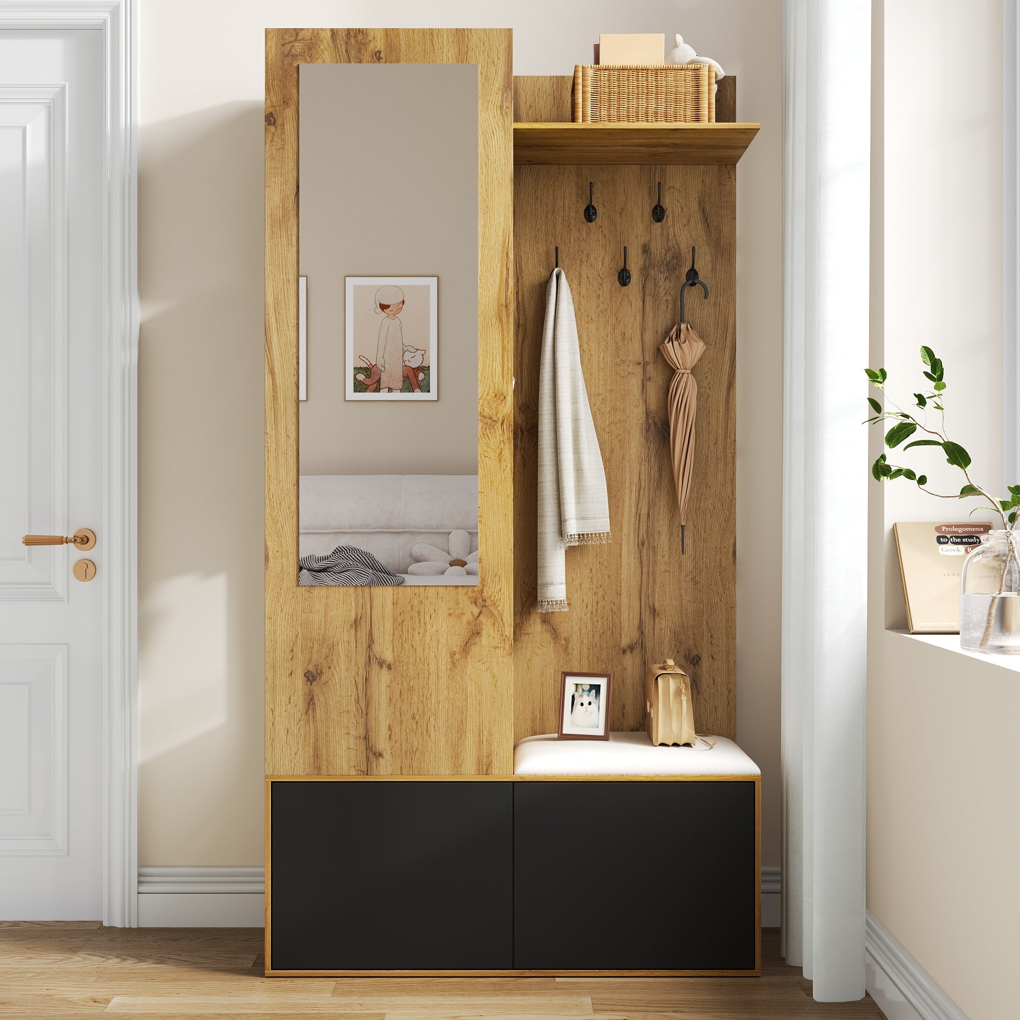 Ensemble meuble à chaussures avec banc + miroir + armoire ouverte - 100 L x 38 l x 191 H cm - 2 portes - MDF - Naturel + noir - 3