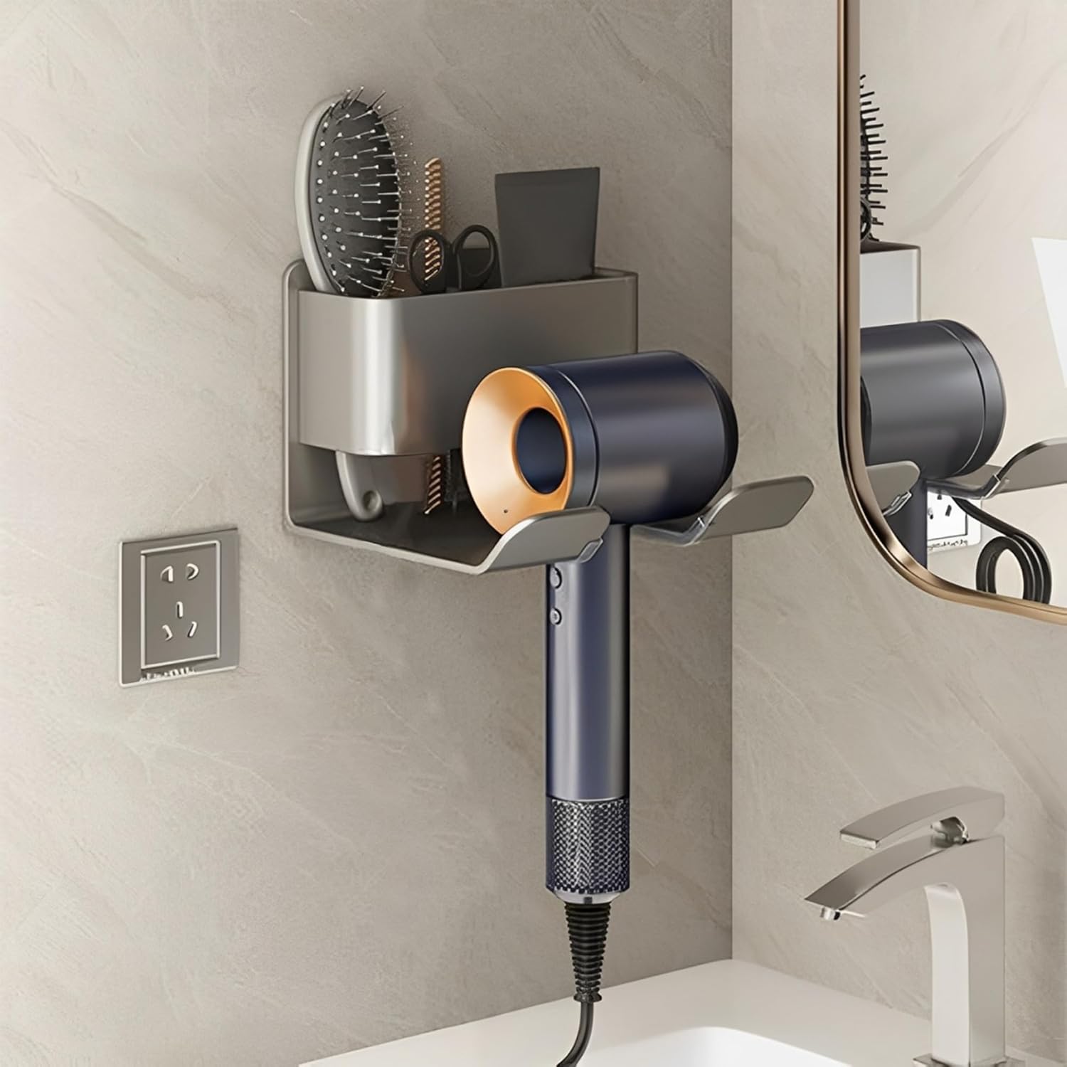 Support mural pour sèche-cheveux – Idéal pour les chambres, les hôtels et les salles de bain – Aucun perçage requis avec gestion des câbles – Gris - 3