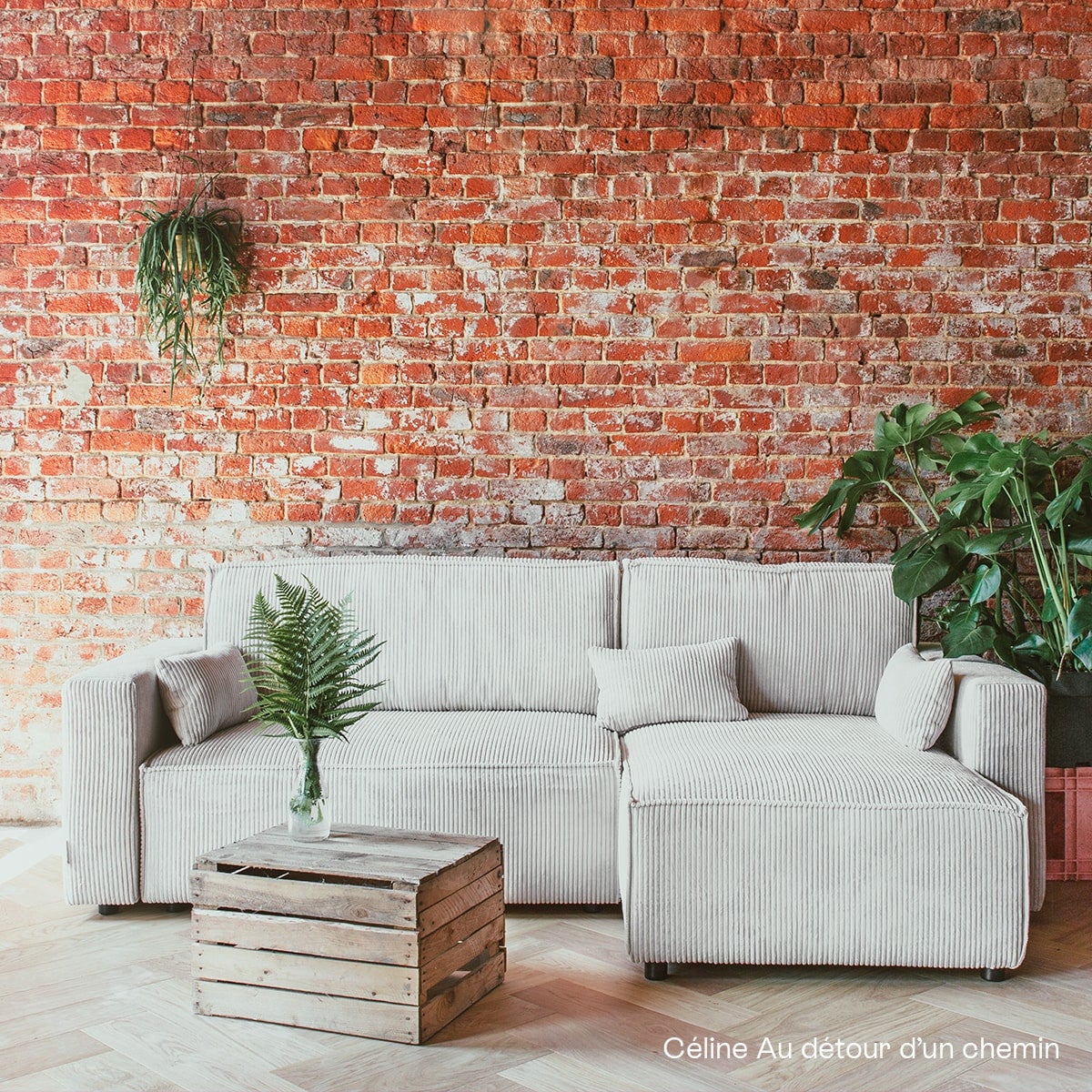 Canapé d'angle convertible réversible 4 places avec coffre de rangement en velours côtelé beige - Livia - 5