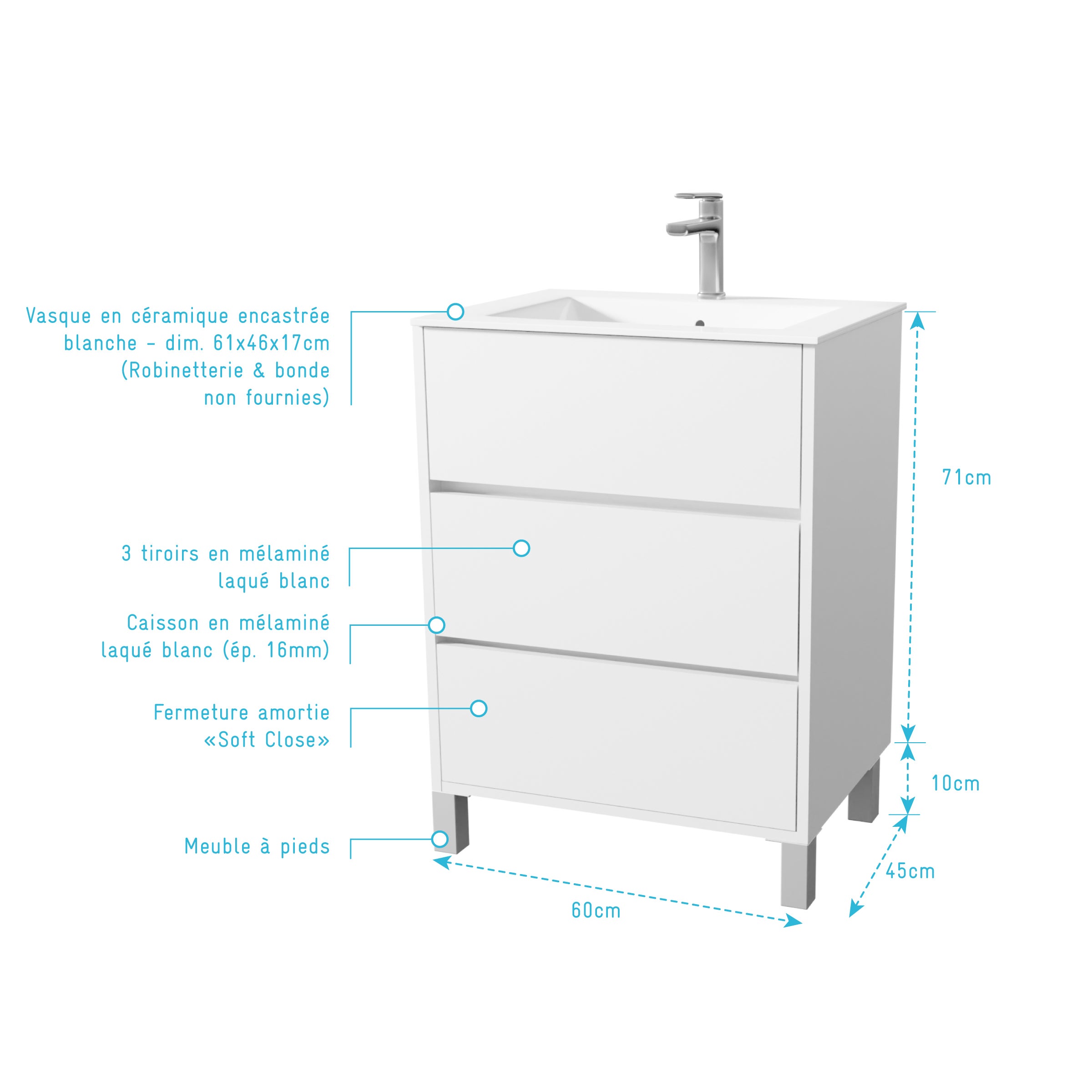 Pack Meuble Salle de Bains 60 cm Laqué Blanc, 3 tiroirs avec Vasque Céramique - XENOS - 4