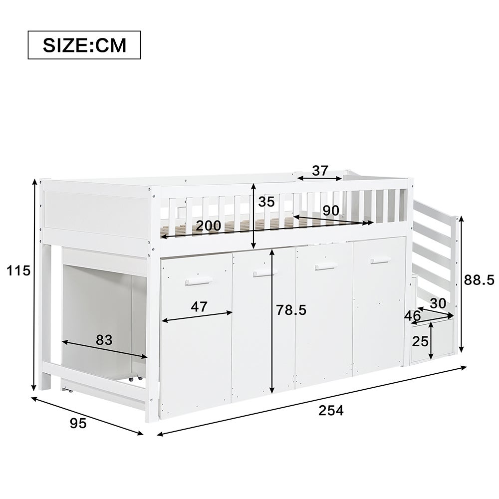 Lit superposé pour enfants 90x200 cm , lit multifonctionnel avec garde-corps, bureau/penderie/armoire avec 2 armoires de rangement, pin + MDF, blanc - 3