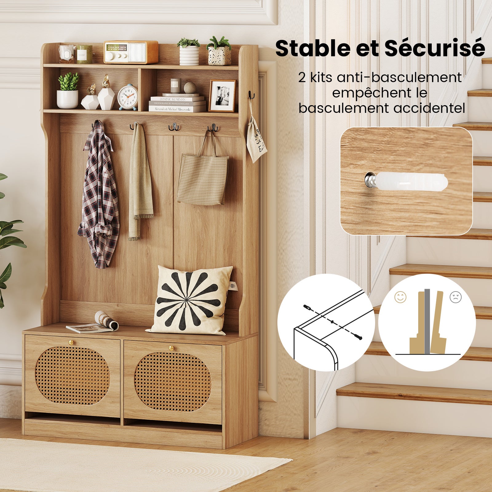 Porte-manteau d'Entrée 4 en 1, avec Banc, Tiroirs à Abattants, 6 Crochets Doubles et Portes en Rotin Synthétique, 101,5 x 40 x 180 cm, Naturel - 5