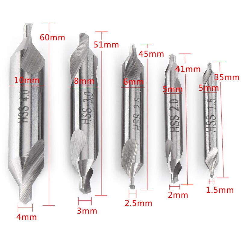 5 szt. Wiertło centrujące, dwustronne wiertło 60 stopni 1.5/2.0/2.5/3.0/4.0mm