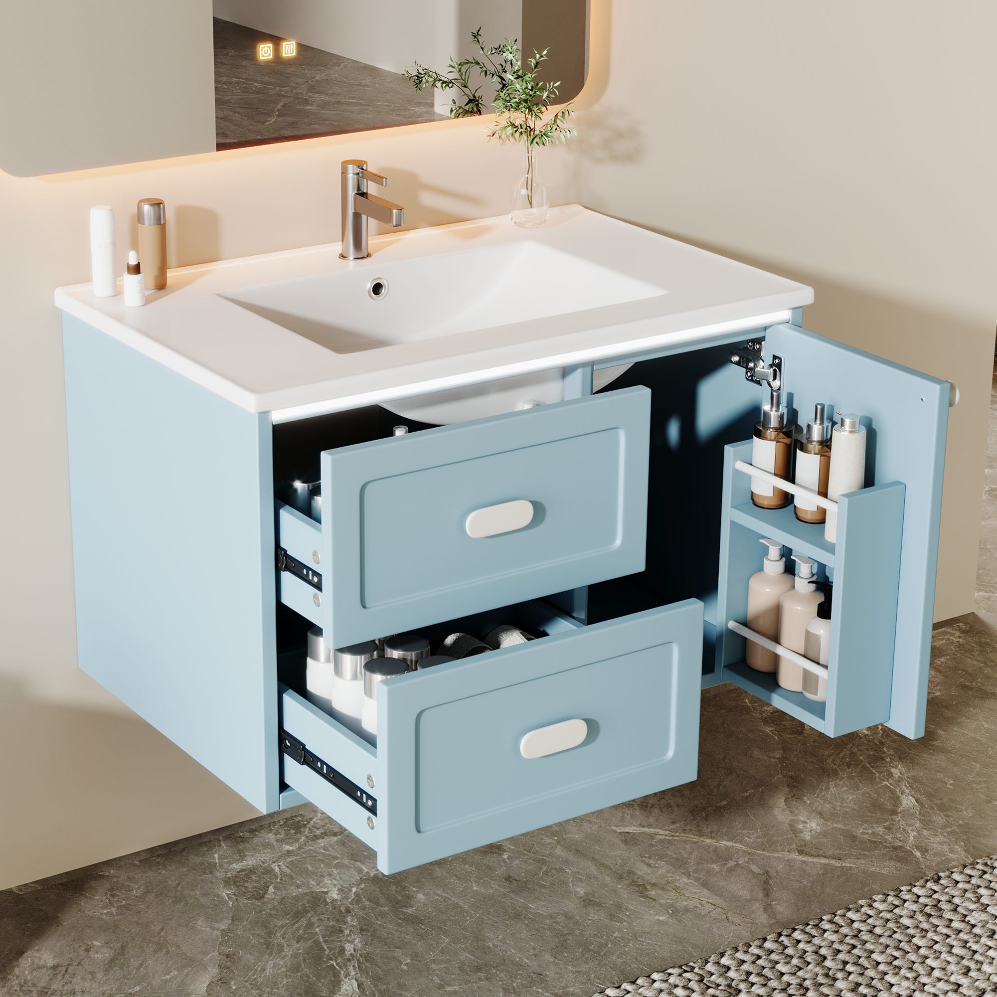 Mueble de baño suspendido con iluminación LED con sensor de radar, 76 x ...