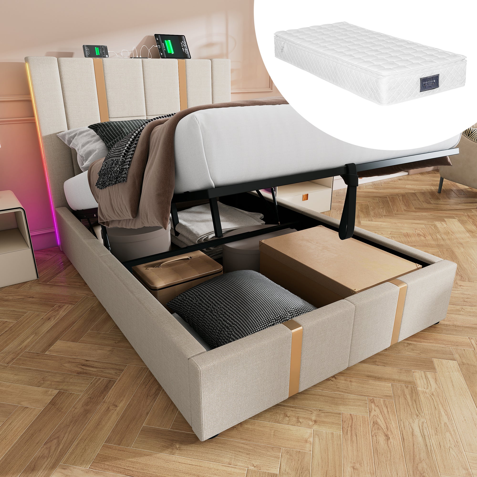 Lit Coffre Hydraulique Avec LED Et Recharge USB - 90x200 Cm, Rangement Intégré, Matelas Inclus, Beige