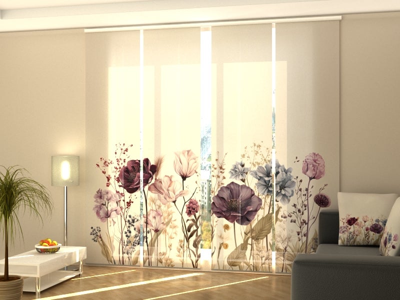 4 paneles japoneses wellmira 60x270 cm con riel de 4 vías, 240 cm - hermosas flores silvestres
