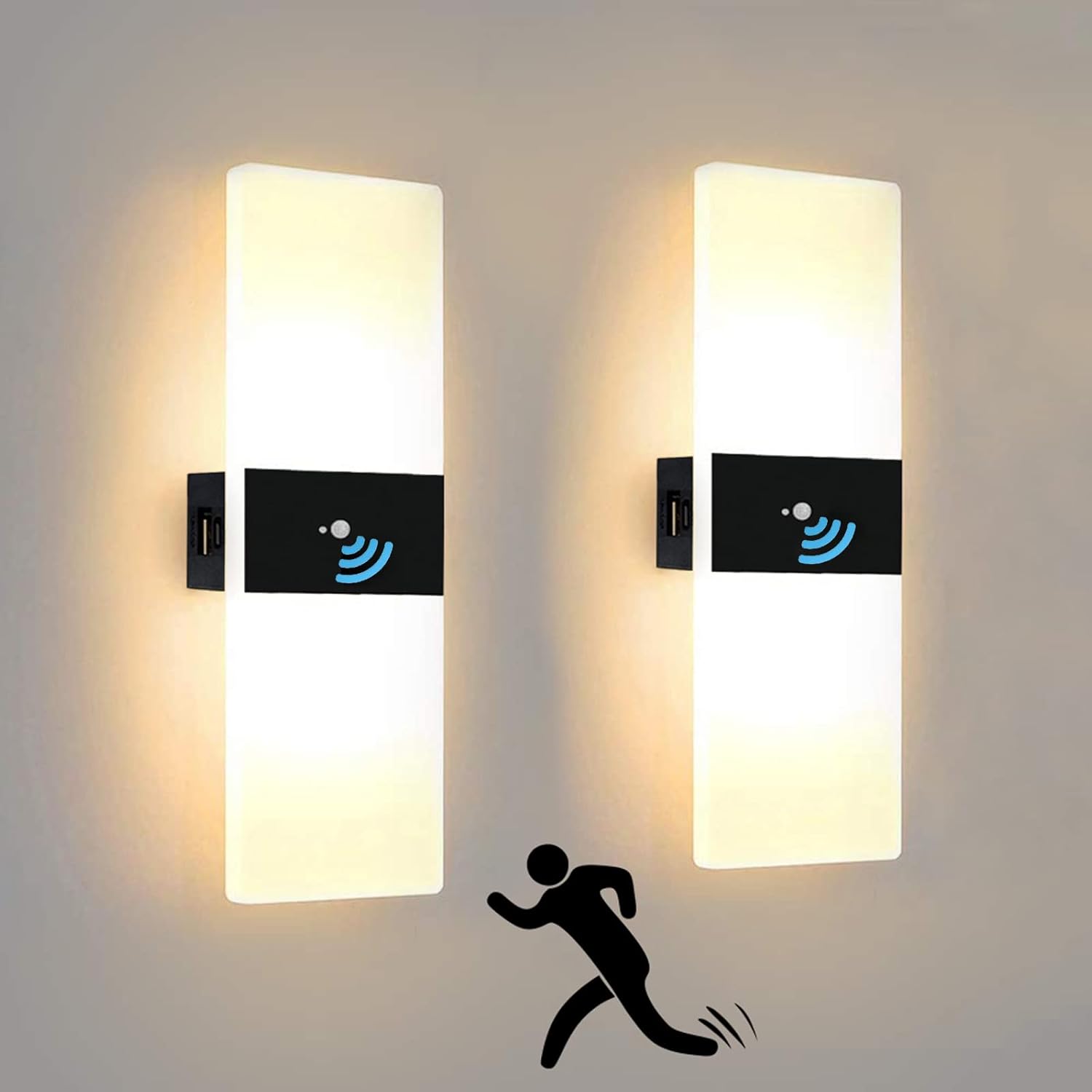 Zestaw 2 lamp ściennych LED do użytku wewnętrznego o mocy 10 W z czujnikiem ruchu, akumulatorem USB 2000 mAh, wykonanych z akrylu i aluminium, w styl
