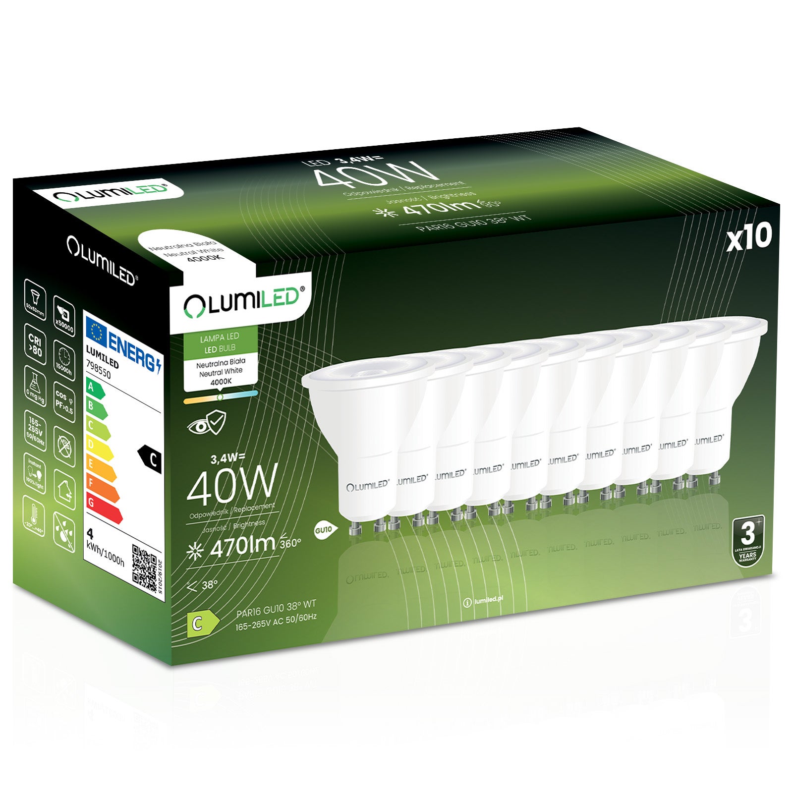 Żarówka LED Lumiled GU10 Reflektor PAR16 3.4W 470lm&amp;nbsp;4000K Neutralna biel 38st 10 szt.
