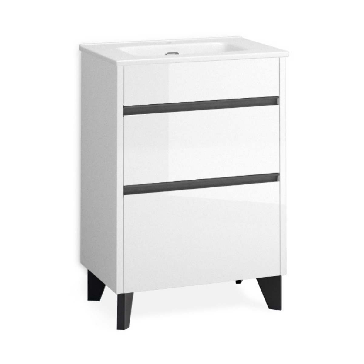 Mobili da bagno con gambe e lavandino in ceramica Profondità ridotta | 50cm | 2 cassetti con chiusura imbottita e organizzatore | Bianco lucido - Nero - 2