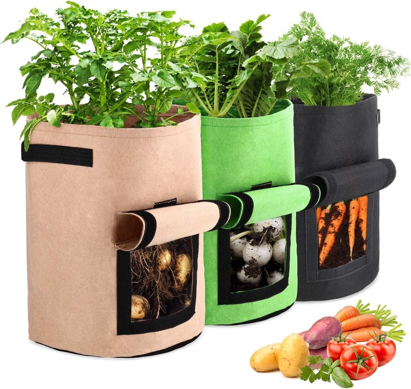 Worki do sadzenia roślin ogrodowych, zestaw 3 wielorazowych worków na warzywa o pojemności 38 litrów, wykonanych z dwuwarstwowej włókniny z okienkiem