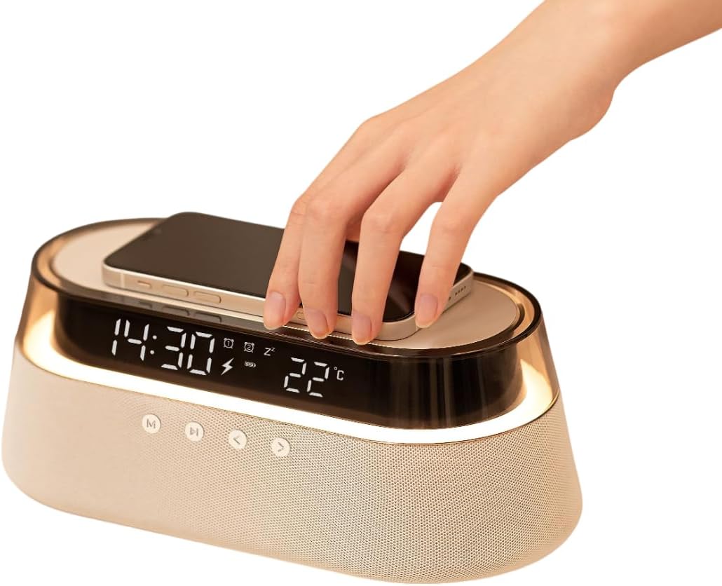 Smart Station | Bezprzewodowa stacja ładująca 6 w 1 | Głośnik Bluetooth | Zegar | Lampa | Radio | Szybka bezprzewodowa ładowarka 15 W | Ładowarka do t