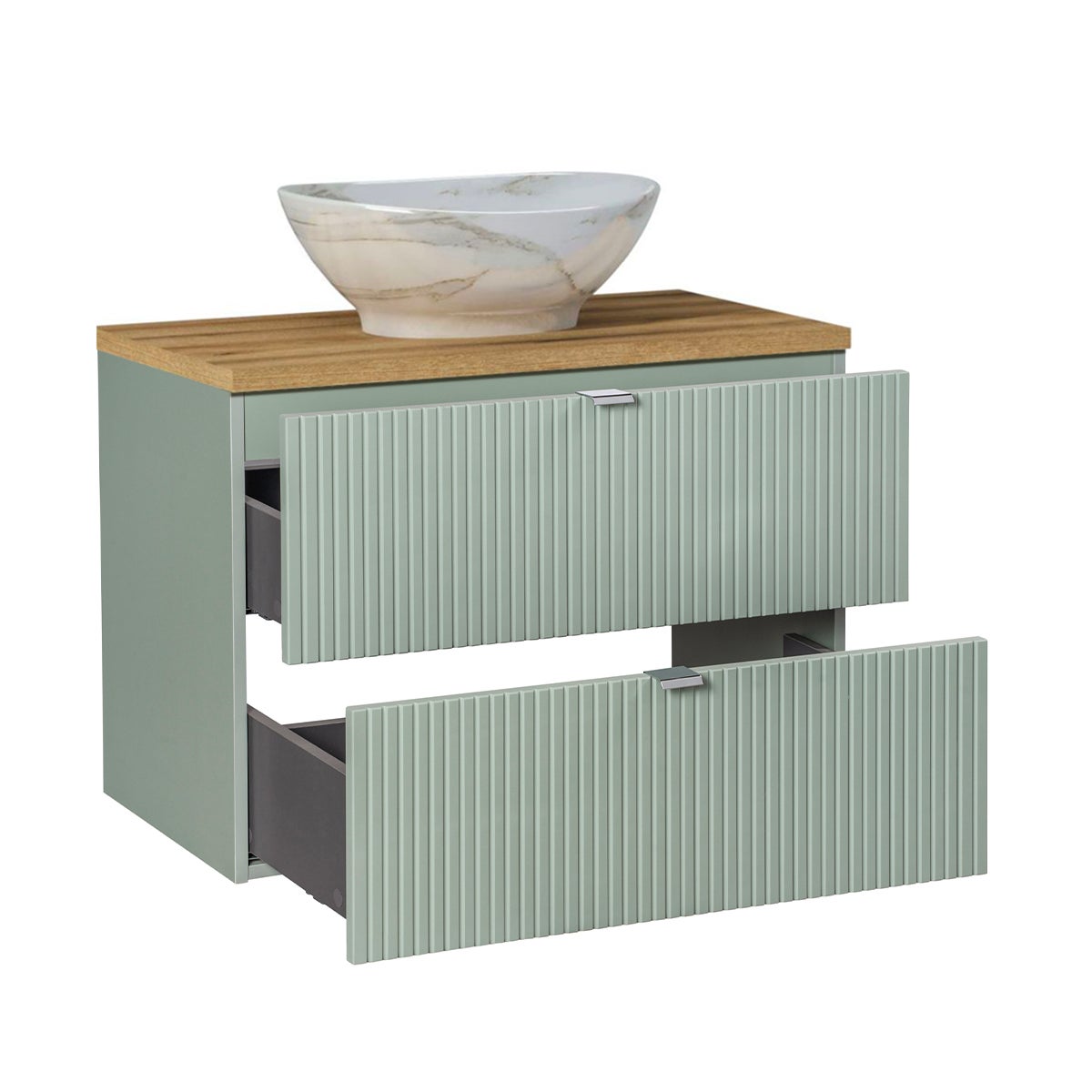 Ensemble meuble simple vasque 80cm 2 tiroirs miroir LED et colonne Jade Vert et Bois - 3