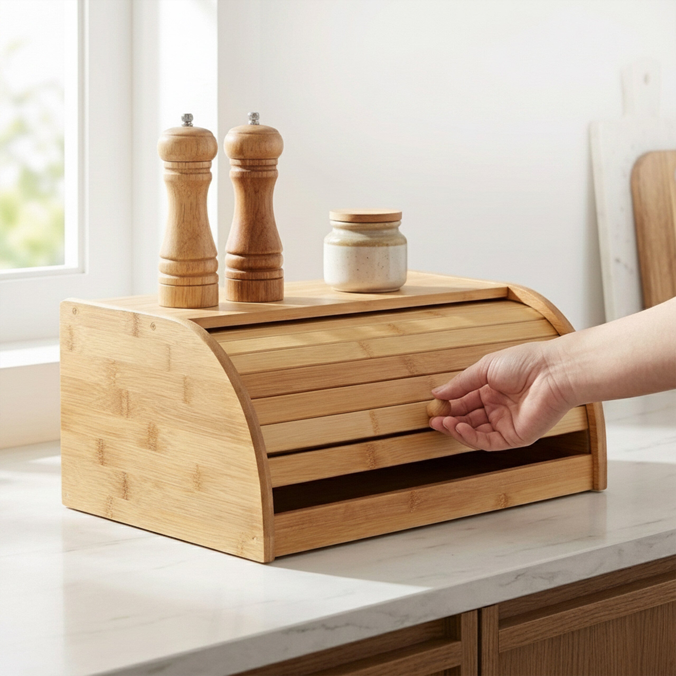 Panera de bambú, tapa deslizante, caja de pan de madera, 16,5 x 40 x 27,5 cm, abatible, marrón natural, Relaxdays - 2