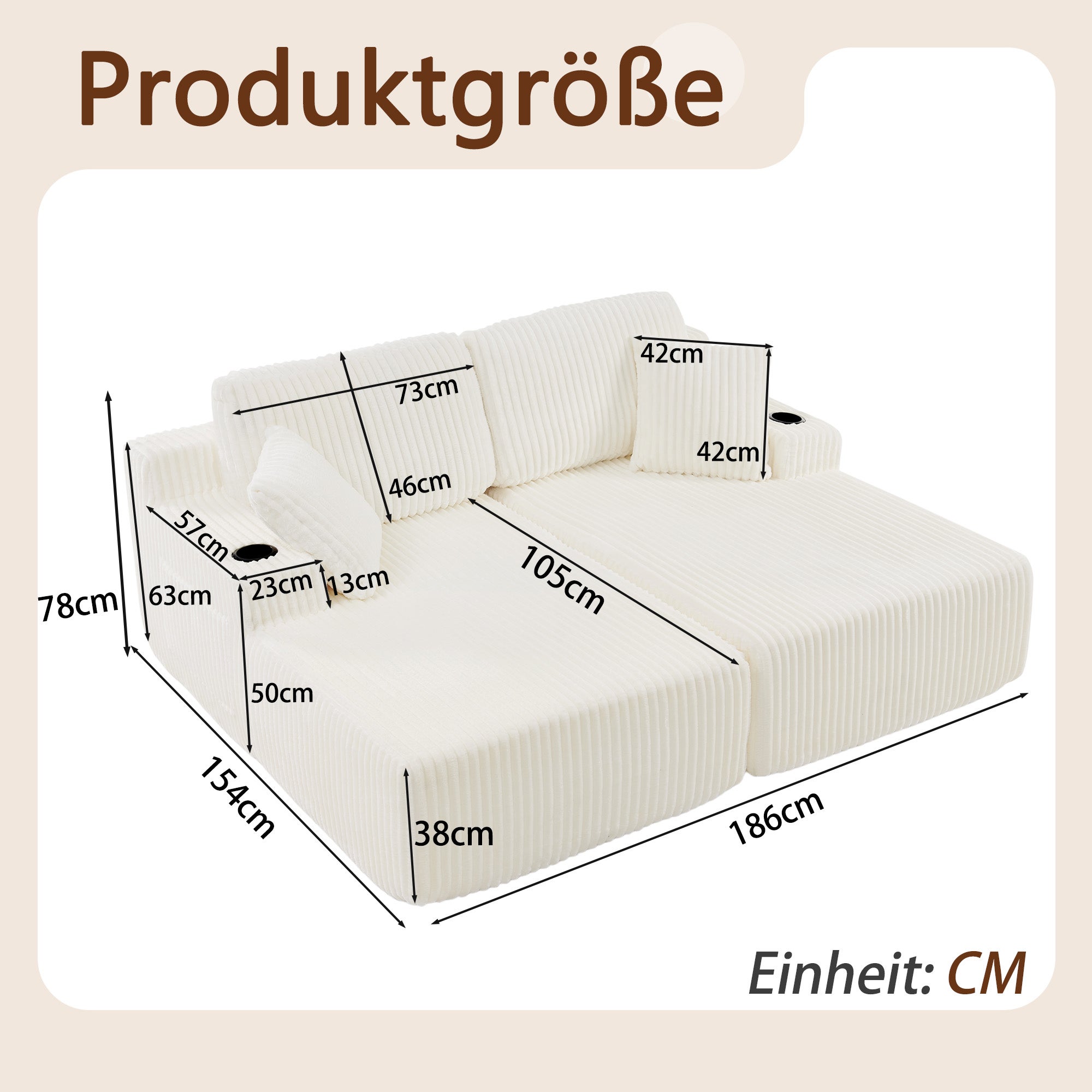Canapé convertible 2 places avec fonction relax, Canapé tissu velours côtelé doux avec poche latérale porte gobelet coussins confortable, beige - 5